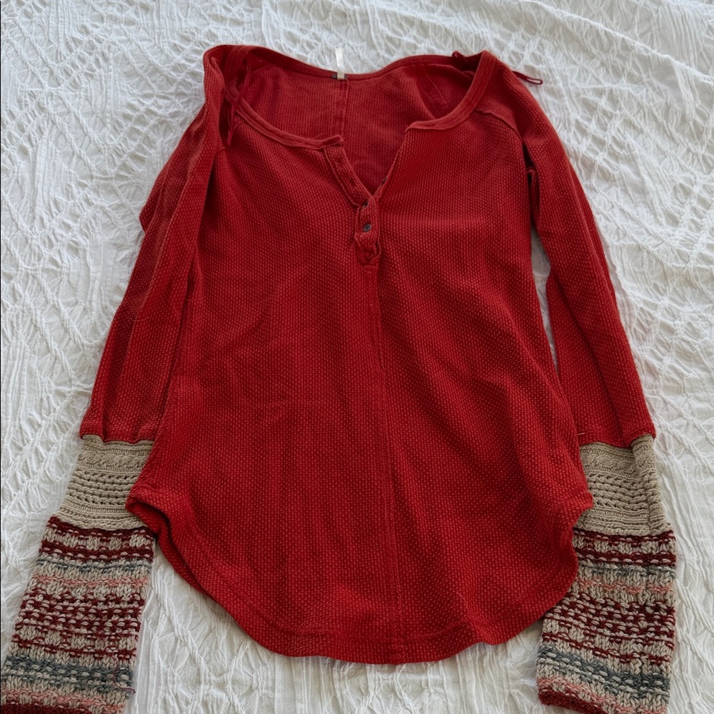 Free People Red Waffle-Knit Henley Top